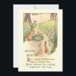 Cartão De Festividades Funny Vintage Easter Bunnies and Rhyme<br><div class="desc">Whimsical vintage Easter illustration featuring family of brown Easter bunnies carrying a basket full of carrots through the woods with cheery rhyme. Back features complementary graphics.</div>