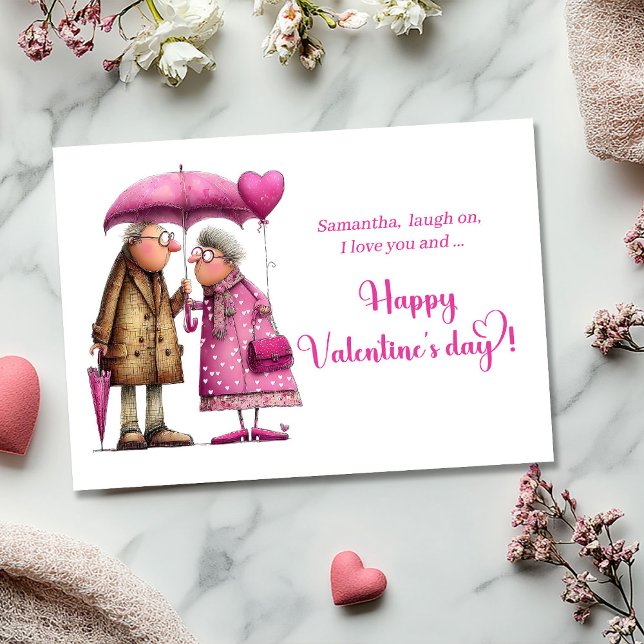 Cartão De Festividades Funny Whimsical Valentine Hot Pink Love Couple (Funny Whimsical Valentine Card Hot Pink Love Couple)