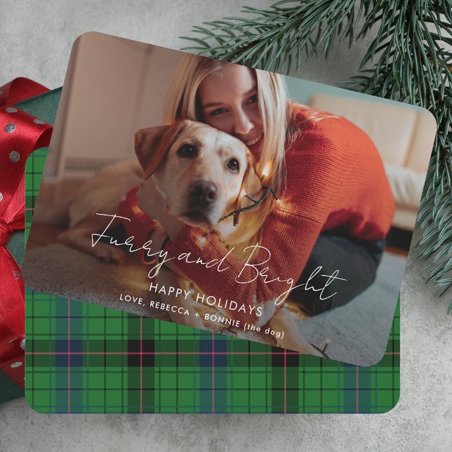 Cartão De Festividades Furry e Bright Foto Tartan Natal (Furry and Bright Photo Tartan Christmas Holiday Card)