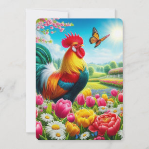Cartão De Festividades Galo floral/primavera/trabalho de arte de galinha