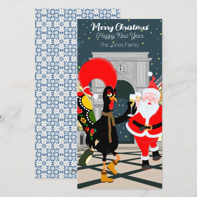 Cartão De Festividades Galo Português e Papais noeis brindam ao Ano Novo (Frente/Verso)