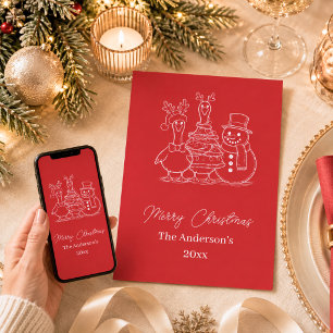 Cartão De Festividades Ganso de Natal Família Doodle vermelho moderno