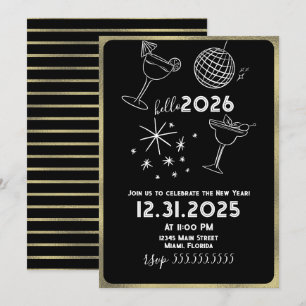 Cartão De Festividades Garabatos Caprichosos Olá 2026 Ano Novo Dourado