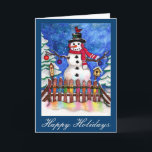 Cartão De Festividades Garden Snowman<br><div class="desc">Pintura de aquarela original de Sandra Gale de um feliz boneco de neve em um jardim de inverno coberto de neve. design de excelente para jardineiros,  crianças,  Mães e qualquer um que goste de neve e cenas de jardim rural.</div>