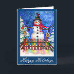 Cartão De Festividades Garden Snowman<br><div class="desc">Pintura de aquarela original de Sandra Gale de um feliz boneco de neve em um jardim de inverno coberto de neve. design de excelente para jardineiros,  crianças,  Mães e qualquer um que goste de neve e cenas de jardim rural.</div>