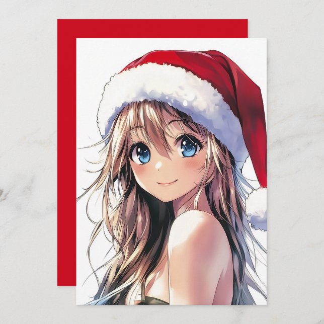 Cartão De Festividades Garota Anime Festiva Chapéu de Papai Noel com Olho (Frente/Verso)