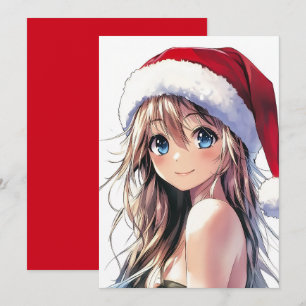 Cartão De Festividades Garota Anime Festiva Chapéu de Papai Noel com Olho