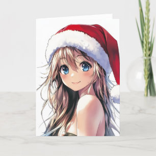 Cartão De Festividades Garota Anime Festiva Chapéu de Papai Noel com Olho