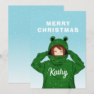 Cartão De Festividades Garota bonita com capuz verde Sapo desenhando Nata