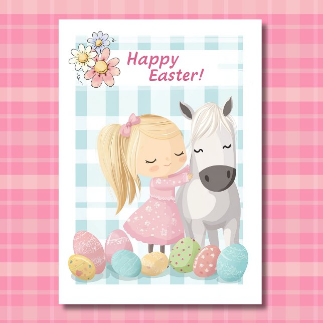 Cartão De Festividades Garota Bonita com Pony - Páscoa de Cavalo (Front - Cute Little Girl with Pony – Horse Easter Holiday Card)