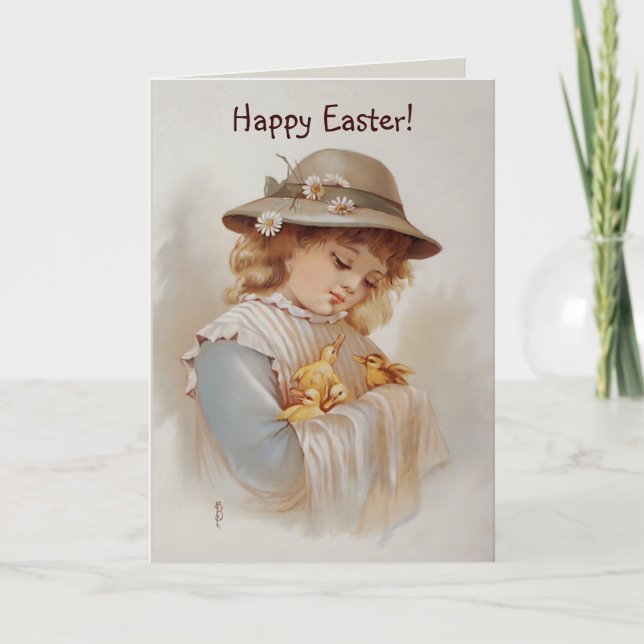 Cartão De Festividades Garota com Primavera e Páscoa de Patos Bebês (Frente)