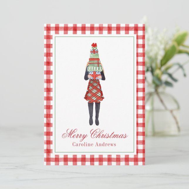 Cartão De Festividades Garota de Moda Comprada de Natal com Aquarela (Em pé/Frente)