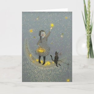 Cartão De Festividades Garota e Gato na Lua e Estrelas
