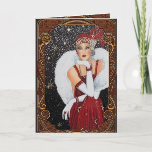 Cartão De Festividades Garota-Flapper de Natal Céu Noturno Encharcado por