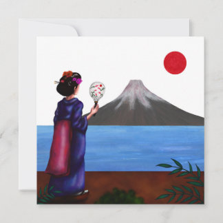 Cartão De Festividades Garota Geisha Japonesa, Sol e Montanha Fuji