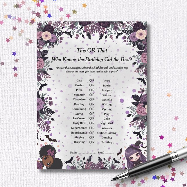 Cartão De Festividades Garota Gothic de Aniversário Spooky Este ou Aquele (Spooky Gothic Birthday girl This or That Game card)
