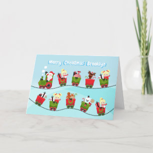 Cartão De Festividades Garota Loira Andando de Trem com Papai Noel