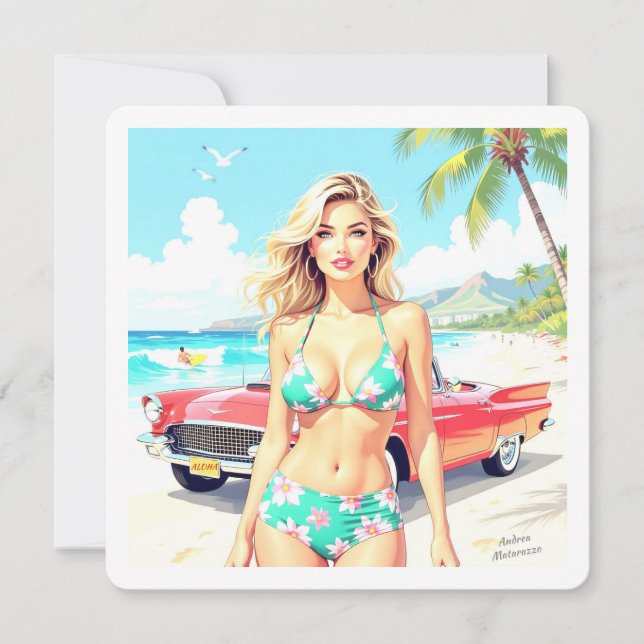 Cartão De Festividades Garota na praia com um carro clássico (Frente)