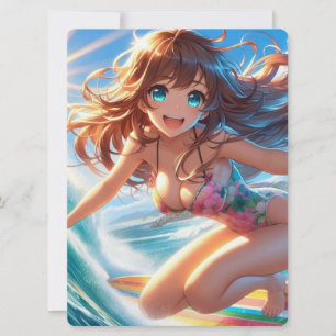 Cartão De Festividades Garota surfista de anime costeira/náutica/tropical