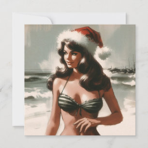 Cartão De Festividades Garota Vintage de Biquíni e Chapéu de Papai Noel P
