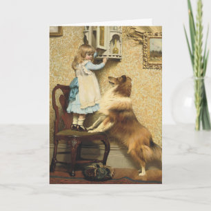 Cartão De Festividades Garota Vintage e Arte de Cachorro Sheltie Lugar Se