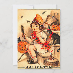 Cartão De Festividades Garotinha Bruxa do Halloween Vintage