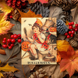 Cartão De Festividades Garotinha Bruxa do Halloween Vintage
