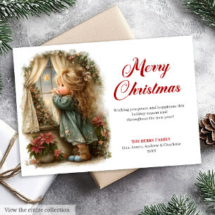 Cartão De Festividades Garotinha Vintage Aguarda o Papai Noel Digital