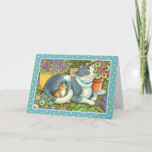 CARTÃO DE FESTIVIDADES GATA MÃE E GATINHO, FLORES EM VASO, LAÇOS E RENDAS