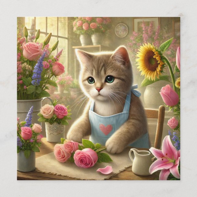 Cartão De Festividades Gata Mãe está arranjando Flores Dia das Mães (Frente)