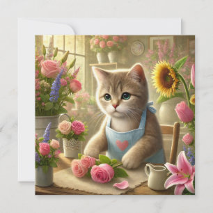 Cartão De Festividades Gata Mãe está arranjando Flores Dia das Mães