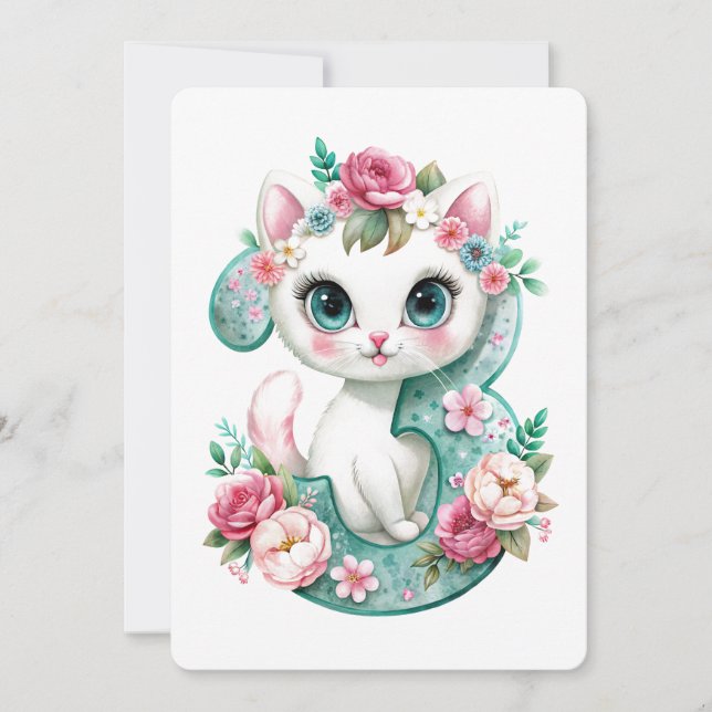 Cartão De Festividades Gatinho Bonito, Aniversário de Três Anos (Frente)