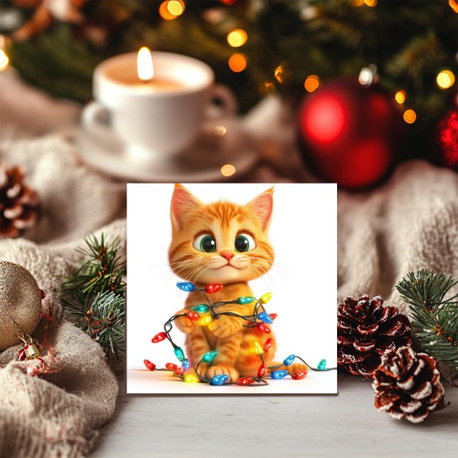 Cartão De Festividades Gatinho Brincalhão em Luzes de Natal (Criador carregado)