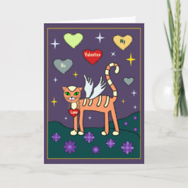 Cartão De Festividades Gatinho com asa com placa personalizada de coração