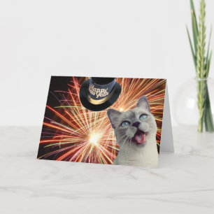 Cartão De Festividades Gatinho com fogos de artifício