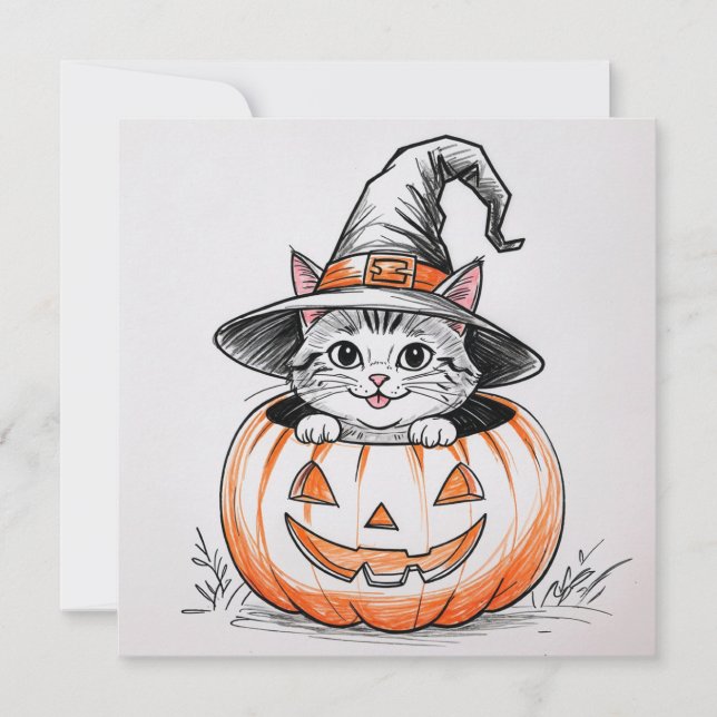 Cartão De Festividades Gatinho das Bruxas de Halloween e Jack O'Lantern (Frente)