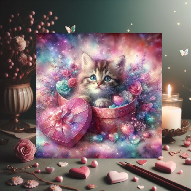 Cartão De Festividades Gatinho De Aquarela Floral Rosa, No Namorados (Criador carregado)