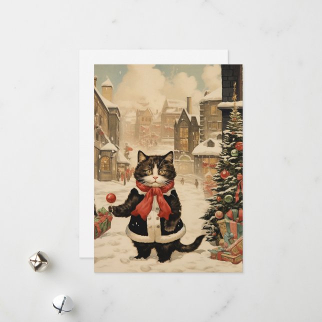 Cartão De Festividades Gatinho de Natal, Dia de Neve (Frente/Verso In Situ)