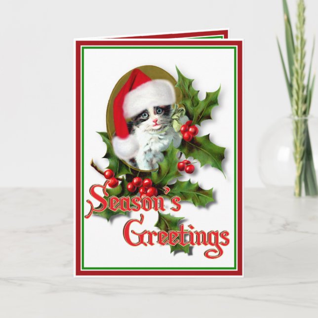 Cartão De Festividades Gatinho de Natal do Estilo Antigo (Frente)