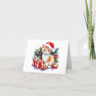 Cartão De Festividades Gatinho de Natal (laranja/branco) com Presentes EM