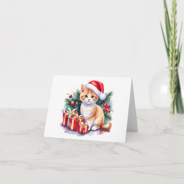 Cartão De Festividades Gatinho de Natal (laranja/branco) com Presentes EM (Frente)