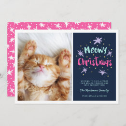 Cartão De Festividades Gatinho de Natal Meowy Foto de Natal Moderno Rosa