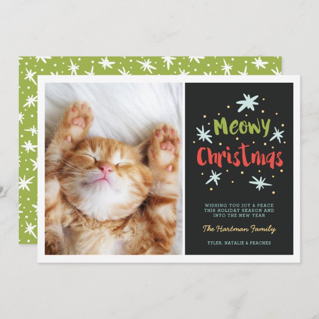 Cartão De Festividades Gatinho de Natal Meowy Foto de Natal Moderno Verde (Frente/Verso)