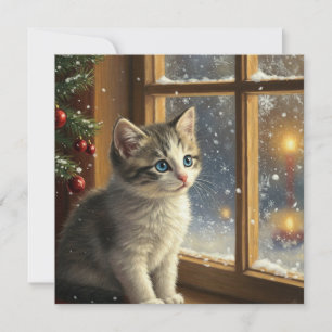 Cartão De Festividades Gatinho de Natal na Janela