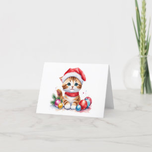 Cartão De Festividades Gatinho de Papai Noel Laranja Fofo Tímido EM BRANC