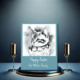 Cartão De Festividades Gatinho de Páscoa branca em Floral Eggshell