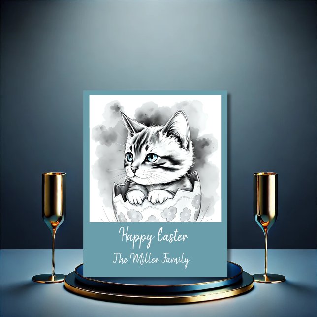 Cartão De Festividades Gatinho de Páscoa branca em Floral Eggshell (Criador carregado)