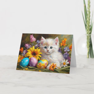 Cartão De Festividades Gatinho de Páscoa com Flores e Ovos Pintados