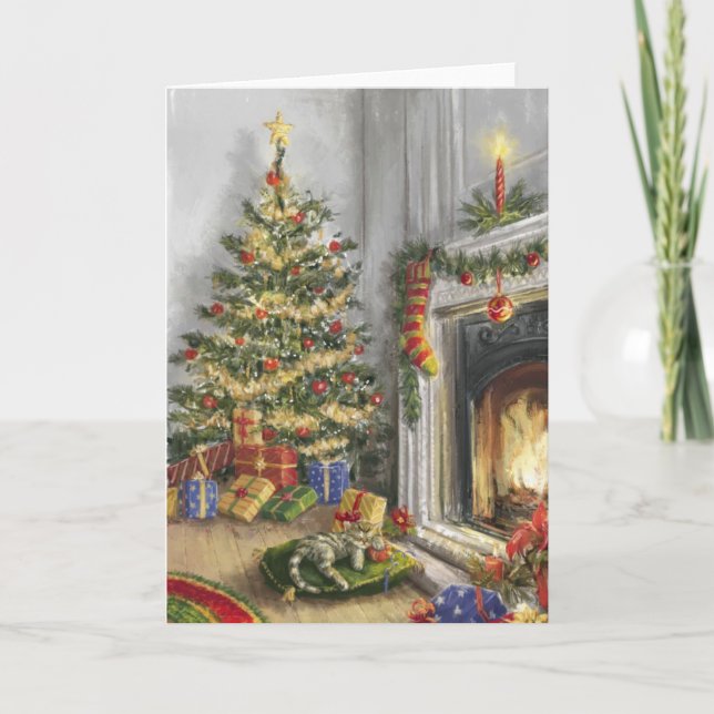 Cartão De Festividades Gatinho Dormindo Pela Árvore De Natal (Frente)