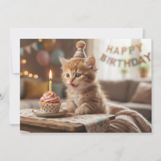 Cartão De Festividades Gatinho engraçado e fofo com um cupcake. Feliz Ani